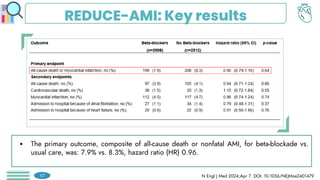 REDUCE-AMI: Key results
 The primary outcome, composite of all-cause death or nonfatal AMI, for beta-blockade vs.
usual care, was: 7.9% vs. 8.3%, hazard ratio (HR) 0.96.
N Engl J Med 2024;Apr 7. DOI: 10.1056/NEJMoa2401479
17
 