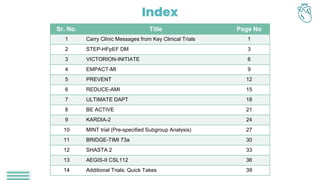 Index
Sr. No. Title Page No
1 Carry Clinic Messages from Key Clinical Trials 1
2 STEP-HFpEF DM 3
3 VICTORION-INITIATE 6
4 EMPACT-MI 9
5 PREVENT 12
6 REDUCE-AMI 15
7 ULTIMATE DAPT 18
8 BE ACTIVE 21
9 KARDIA-2 24
10 MINT trial (Pre-specified Subgroup Analysis) 27
11 BRIDGE-TIMI 73a 30
12 SHASTA 2 33
13 AEGIS-II CSL112 36
14 Additional Trials: Quick Takes 39
 
