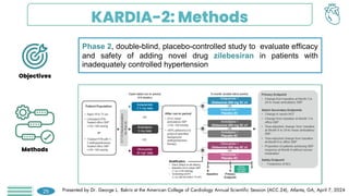 KARDIA-2: Methods
Phase 2, double-blind, placebo-controlled study to evaluate efficacy
and safety of adding novel drug zilebesiran in patients with
inadequately controlled hypertension
Presented by Dr. George L. Bakris at the American College of Cardiology Annual Scientific Session (ACC.24), Atlanta, GA, April 7, 2024
25
Objectives
Methods
 