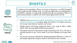 SHASTA 2
To determine the tolerability, efficacy, and dose of plozasiran, an APOC3-targeted
small interfering–RNA (siRNA) drug, for lowering triglyceride and apolipoprotein
C3 (APOC3, regulator of triglyceride metabolism) levels and evaluate its effects on
other lipid parameters in patients with severe hypertriglyceridemia (sHTG).
• SHASTA-2 was a placebo-controlled, double-blind, dose-ranging, phase 2b
randomized clinical trial enrolling adults with sHTG at 74 centers across the
US, Europe, New Zealand, Australia, and Canada.
• Eligible patients had fasting triglyceride levels in the range of 500 to 4000
mg/dL while receiving stable lipid-lowering treatment.
• Participants received 2 subcutaneous doses of plozasiran (10, 25, or 50 mg) or
matched placebo on day 1 and at week 12 and were followed up through week
48.
• The primary end point evaluated the placebo-subtracted difference in means of
percentage triglyceride change at week 24. 229 patients were included.
Objectives
Methods
JAMA Cardiol. 2024 Apr 7:e240959.
34
 