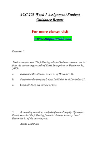 ACC 205 Week 1 Assignment Student
Guidance Report
For more classes visit
www.snaptutorial.com
Exercises 2.
Basic computations. The following selected balances were extracted
from the accounting records of Rossi Enterprises on December 31,
20X3:
a. Determine Rossi's total assets as of December 31.
b. Determine the company's total liabilities as of December 31.
c. Compute 20X3 net income or loss.
5. Accounting equation; analysis of owner's equity. Sportscar
Repair revealed the following financial data on January 1 and
December 31 of the current year.
Assets Liabilities
 