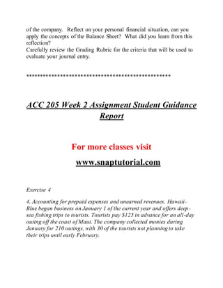 of the company. Reflect on your personal financial situation, can you
apply the concepts of the Balance Sheet? What did you learn from this
reflection?
Carefully review the Grading Rubric for the criteria that will be used to
evaluate your journal entry.
**************************************************
ACC 205 Week 2 Assignment Student Guidance
Report
For more classes visit
www.snaptutorial.com
Exercise 4
4. Accounting for prepaid expenses and unearned revenues. Hawaii-
Blue began business on January 1 of the current year and offers deep-
sea fishing trips to tourists. Tourists pay $125 in advance for an all-day
outing off the coast of Maui. The company collected monies during
January for 210 outings, with 30 of the tourists not planning to take
their trips until early February.
 
