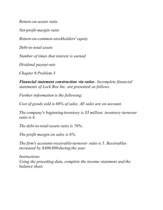 Return-on-assets ratio
Net-profit-margin ratio
Return-on-common-stockholders' equity
Debt-to-total assets
Number of times that interest is earned
Dividend payout rate
Chapter 9 Problem 3
Financial statement construction via ratios. Incomplete financial
statements of Lock Box Inc. are presented as follows:
Further information is the following:
Cost of goods sold is 60% of sales. All sales are on account.
The company's beginning inventory is $5 million; inventory-turnover
ratio is 4.
The debt-to-total-assets ratio is 70%.
The profit margin on sales is 6%.
The firm's accounts-receivable-turnover ratio is 5. Receivables
increased by $400,000 during the year.
Instructions
Using the preceding data, complete the income statement and the
balance sheet.
 