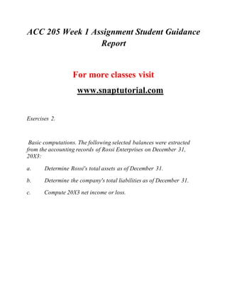ACC 205 Week 1 Assignment Student Guidance
Report
For more classes visit
www.snaptutorial.com
Exercises 2.
Basic computations. The following selected balances were extracted
from the accounting records of Rossi Enterprises on December 31,
20X3:
a. Determine Rossi's total assets as of December 31.
b. Determine the company's total liabilities as of December 31.
c. Compute 20X3 net income or loss.
 