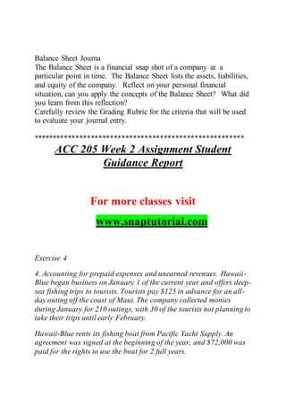 Balance Sheet Journa
The Balance Sheet is a financial snap shot of a company at a
particular point in time. The Balance Sheet lists the assets, liabilities,
and equity of the company. Reflect on your personal financial
situation, can you apply the concepts of the Balance Sheet? What did
you learn from this reflection?
Carefully review the Grading Rubric for the criteria that will be used
to evaluate your journal entry.
*******************************************************
ACC 205 Week 2 Assignment Student
Guidance Report
For more classes visit
www.snaptutorial.com
Exercise 4
4. Accounting for prepaid expenses and unearned revenues. Hawaii-
Blue began business on January 1 of the current year and offers deep-
sea fishing trips to tourists. Tourists pay $125 in advance for an all-
day outing off the coast of Maui. The company collected monies
during January for 210 outings, with 30 of the tourists not planning to
take their trips until early February.
Hawaii-Blue rents its fishing boat from Pacific Yacht Supply. An
agreement was signed at the beginning of the year, and $72,000 was
paid for the rights to use the boat for 2 full years.
 