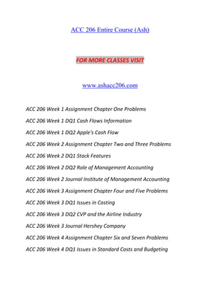 ACC 206 Entire Course (Ash)
FOR MORE CLASSES VISIT
www.ashacc206.com
ACC 206 Week 1 Assignment Chapter One Problems
ACC 206 Week 1 DQ1 Cash Flows Information
ACC 206 Week 1 DQ2 Apple's Cash Flow
ACC 206 Week 2 Assignment Chapter Two and Three Problems
ACC 206 Week 2 DQ1 Stock Features
ACC 206 Week 2 DQ2 Role of Management Accounting
ACC 206 Week 2 Journal Institute of Management Accounting
ACC 206 Week 3 Assignment Chapter Four and Five Problems
ACC 206 Week 3 DQ1 Issues in Costing
ACC 206 Week 3 DQ2 CVP and the Airline Industry
ACC 206 Week 3 Journal Hershey Company
ACC 206 Week 4 Assignment Chapter Six and Seven Problems
ACC 206 Week 4 DQ1 Issues in Standard Costs and Budgeting
 