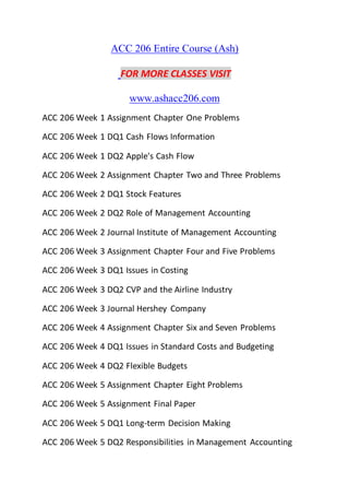 ACC 206 Entire Course (Ash)
FOR MORE CLASSES VISIT
www.ashacc206.com
ACC 206 Week 1 Assignment Chapter One Problems
ACC 206 Week 1 DQ1 Cash Flows Information
ACC 206 Week 1 DQ2 Apple's Cash Flow
ACC 206 Week 2 Assignment Chapter Two and Three Problems
ACC 206 Week 2 DQ1 Stock Features
ACC 206 Week 2 DQ2 Role of Management Accounting
ACC 206 Week 2 Journal Institute of Management Accounting
ACC 206 Week 3 Assignment Chapter Four and Five Problems
ACC 206 Week 3 DQ1 Issues in Costing
ACC 206 Week 3 DQ2 CVP and the Airline Industry
ACC 206 Week 3 Journal Hershey Company
ACC 206 Week 4 Assignment Chapter Six and Seven Problems
ACC 206 Week 4 DQ1 Issues in Standard Costs and Budgeting
ACC 206 Week 4 DQ2 Flexible Budgets
ACC 206 Week 5 Assignment Chapter Eight Problems
ACC 206 Week 5 Assignment Final Paper
ACC 206 Week 5 DQ1 Long-term Decision Making
ACC 206 Week 5 DQ2 Responsibilities in Management Accounting
 