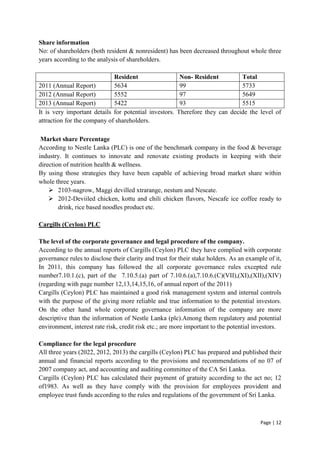 Page | 12
Share information
No: of shareholders (both resident & nonresident) has been decreased throughout whole three
years according to the analysis of shareholders.
Resident Non- Resident Total
2011 (Annual Report) 5634 99 5733
2012 (Annual Report) 5552 97 5649
2013 (Annual Report) 5422 93 5515
It is very important details for potential investors. Therefore they can decide the level of
attraction for the company of shareholders.
Market share Percentage
According to Nestle Lanka (PLC) is one of the benchmark company in the food & beverage
industry. It continues to innovate and renovate existing products in keeping with their
direction of nutrition health & wellness.
By using those strategies they have been capable of achieving broad market share within
whole three years.
 2103-nagrow, Maggi devilled xtrarange, nestum and Nescate.
 2012-Deviiled chicken, kottu and chili chicken flavors, Nescafe ice coffee ready to
drink, rice based noodles product etc.
Cargills (Ceylon) PLC
The level of the corporate governance and legal procedure of the company.
According to the annual reports of Cargills (Ceylon) PLC they have complied with corporate
governance rules to disclose their clarity and trust for their stake holders. As an example of it,
In 2011, this company has followed the all corporate governance rules excepted rule
number7.10.1.(c), part of the 7.10.5.(a) part of 7.10.6.(a),7.10.6.(C)(VII),(XI),(XII),(XIV)
(regarding with page number 12,13,14,15,16, of annual report of the 2011)
Cargills (Ceylon) PLC has maintained a good risk management system and internal controls
with the purpose of the giving more reliable and true information to the potential investors.
On the other hand whole corporate governance information of the company are more
descriptive than the information of Nestle Lanka (plc).Among them regulatory and potential
environment, interest rate risk, credit risk etc.; are more important to the potential investors.
Compliance for the legal procedure
All three years (2022, 2012, 2013) the cargills (Ceylon) PLC has prepared and published their
annual and financial reports according to the provisions and recommendations of no 07 of
2007 company act, and accounting and auditing committee of the CA Sri Lanka.
Cargills (Ceylon) PLC has calculated their payment of gratuity according to the act no; 12
of1983. As well as they have comply with the provision for employees provident and
employee trust funds according to the rules and regulations of the government of Sri Lanka.
 
