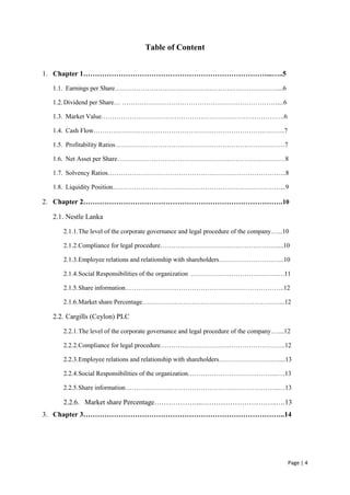 Page | 4
Table of Content
1. Chapter 1……………………………………………………………………...…..5
1.1. Earnings per Share…………………………………………………………………....6
1.2.Dividend per Share… ………………………………………………………………....6
1.3. Market Value………………………………………………………………………….6
1.4. Cash Flow……………………………………………………………………………..7
1.5. Profitability Ratios…………………………………………………………………….7
1.6. Net Asset per Share……………………………………………………………………8
1.7. Solvency Ratios………………………………………………………………………..8
1.8. Liquidity Position……………………………………………………………………...9
2. Chapter 2………………………………………………………………………….10
2.1. Nestle Lanka
2.1.1.The level of the corporate governance and legal procedure of the company…...10
2.1.2.Compliance for legal procedure………………………………………………....10
2.1.3.Employee relations and relationship with shareholders…………………….…...10
2.1.4.Social Responsibilities of the organization ………………………………….….11
2.1.5.Share information………………………………………………………………..12
2.1.6.Market share Percentage…………………………………………………….…...12
2.2. Cargills (Ceylon) PLC
2.2.1.The level of the corporate governance and legal procedure of the company…....12
2.2.2.Compliance for legal procedure………………………………………………….12
2.2.3.Employee relations and relationship with shareholders…………………….…....13
2.2.4.Social Responsibilities of the organization…………………………………...….13
2.2.5.Share information……………………………………………………………...…13
2.2.6. Market share Percentage………………...…………………………..….13
3. Chapter 3…………………………………………………………………………..14
 