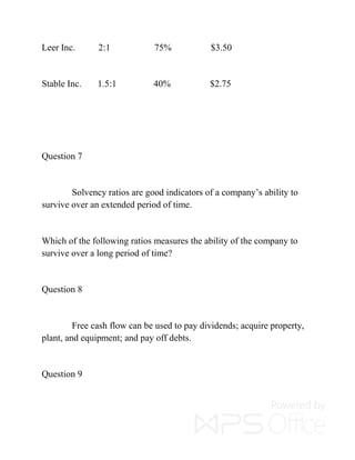 Leer Inc. 2:1 75% $3.50
Stable Inc. 1.5:1 40% $2.75
Question 7
Solvency ratios are good indicators of a company’s ability to
survive over an extended period of time.
Which of the following ratios measures the ability of the company to
survive over a long period of time?
Question 8
Free cash flow can be used to pay dividends; acquire property,
plant, and equipment; and pay off debts.
Question 9
 