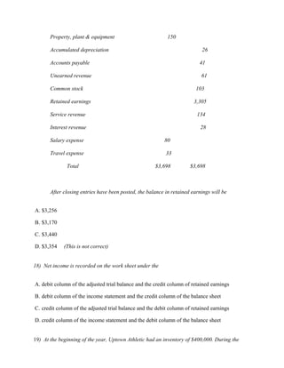 Property, plant & equipment                          150

       Accumulated depreciation                                            26

       Accounts payable                                                   41

       Unearned revenue                                                    61

       Common stock                                                      103

       Retained earnings                                                3,305

       Service revenue                                                   134

       Interest revenue                                                    28

       Salary expense                                     80

       Travel expense                                      33

              Total                                   $3,698          $3,698



       After closing entries have been posted, the balance in retained earnings will be


A. $3,256

B. $3,170

C. $3,440

D. $3,354    (This is not correct)


18) Net income is recorded on the work sheet under the


A. debit column of the adjusted trial balance and the credit column of retained earnings

B. debit column of the income statement and the credit column of the balance sheet

C. credit column of the adjusted trial balance and the debit column of retained earnings

D. credit column of the income statement and the debit column of the balance sheet


19) At the beginning of the year, Uptown Athletic had an inventory of $400,000. During the
 