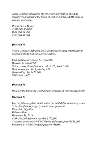 Jenks Company developed the following information about its
inventories in applying the lower of cost or market (LCM) basis in
valuing inventories:
Product Cost Market
A $57,000 $60,000
B 40,000 38,000
C 80,000 81,000
Question 15
Nilson Company gathered the following reconciling information in
preparing its August bank reconciliation:
Cash balance per books, 8/31 $21,000
Deposits in transit 900
Notes receivable and interest collected by bank 5,100
Bank charge for check printing 120
Outstanding checks 12,000
NSF check 1,020
Question 16
Which of the following is not a basic principle of cash management?
Question 17
Use the following data to determine the total dollar amount of assets
to be classified as property, plant, and equipment.
Eddy Auto Supplies
Balance Sheet
December 31, 2014
Cash $84,000 Accounts payable $110,000
Accounts receivable 80,000 Salaries and wages payable 20,000
Inventory 140,000 Mortgage payable 180,000
 