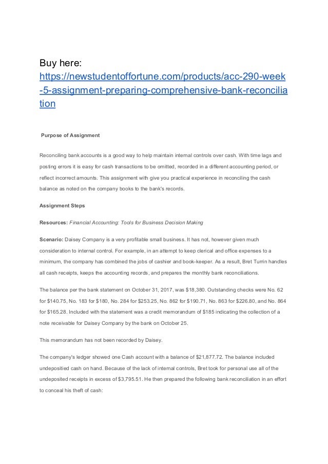 acc 290 week 5 assignment preparing comprehensive bank reconciliation