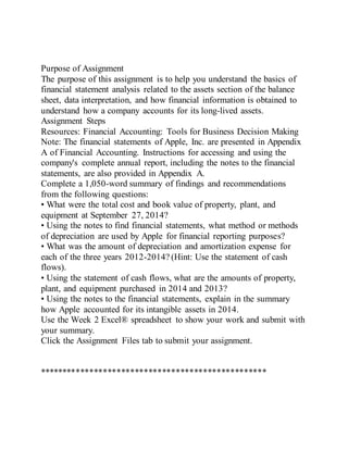Purpose of Assignment
The purpose of this assignment is to help you understand the basics of
financial statement analysis related to the assets section of the balance
sheet, data interpretation, and how financial information is obtained to
understand how a company accounts for its long-lived assets.
Assignment Steps
Resources: Financial Accounting: Tools for Business Decision Making
Note: The financial statements of Apple, Inc. are presented in Appendix
A of Financial Accounting. Instructions for accessing and using the
company's complete annual report, including the notes to the financial
statements, are also provided in Appendix A.
Complete a 1,050-word summary of findings and recommendations
from the following questions:
• What were the total cost and book value of property, plant, and
equipment at September 27, 2014?
• Using the notes to find financial statements, what method or methods
of depreciation are used by Apple for financial reporting purposes?
• What was the amount of depreciation and amortization expense for
each of the three years 2012-2014? (Hint: Use the statement of cash
flows).
• Using the statement of cash flows, what are the amounts of property,
plant, and equipment purchased in 2014 and 2013?
• Using the notes to the financial statements, explain in the summary
how Apple accounted for its intangible assets in 2014.
Use the Week 2 Excel® spreadsheet to show your work and submit with
your summary.
Click the Assignment Files tab to submit your assignment.
**************************************************
 