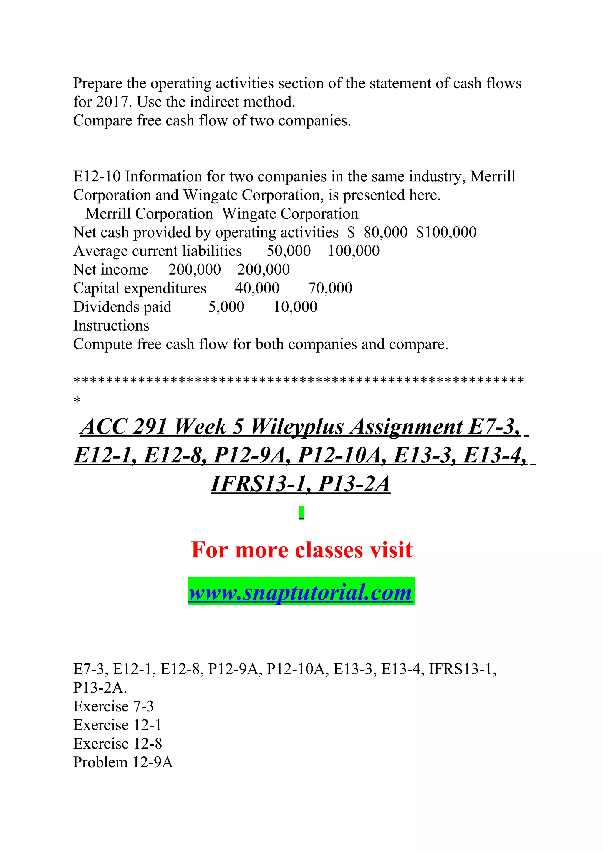 Prepare the operating activities section of the statement of cash flows
for 2017. Use the indirect method.
Compare free cash flow of two companies.
E12-10 Information for two companies in the same industry, Merrill
Corporation and Wingate Corporation, is presented here.
Merrill Corporation Wingate Corporation
Net cash provided by operating activities $ 80,000 $100,000 
Average current liabilities 50,000 100,000    
Net income 200,000 200,000   
Capital expenditures 40,000 70,000     
Dividends paid 5,000 10,000      
Instructions
Compute free cash flow for both companies and compare.
********************************************************
*
ACC 291 Week 5 Wileyplus Assignment E7-3,
E12-1, E12-8, P12-9A, P12-10A, E13-3, E13-4,
IFRS13-1, P13-2A
For more classes visit
www.snaptutorial.com
E7-3, E12-1, E12-8, P12-9A, P12-10A, E13-3, E13-4, IFRS13-1,
P13-2A.
Exercise 7-3
Exercise 12-1
Exercise 12-8
Problem 12-9A
 