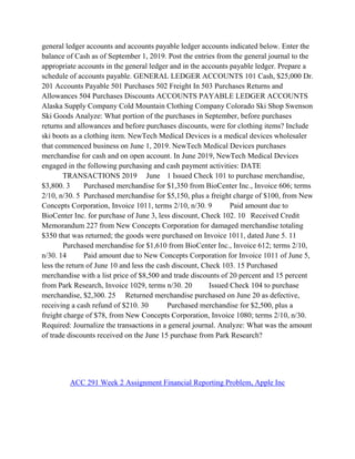 general ledger accounts and accounts payable ledger accounts indicated below. Enter the
balance of Cash as of September 1, 2019. Post the entries from the general journal to the
appropriate accounts in the general ledger and in the accounts payable ledger. Prepare a
schedule of accounts payable. GENERAL LEDGER ACCOUNTS 101 Cash, $25,000 Dr.
201 Accounts Payable 501 Purchases 502 Freight In 503 Purchases Returns and
Allowances 504 Purchases Discounts ACCOUNTS PAYABLE LEDGER ACCOUNTS
Alaska Supply Company Cold Mountain Clothing Company Colorado Ski Shop Swenson
Ski Goods Analyze: What portion of the purchases in September, before purchases
returns and allowances and before purchases discounts, were for clothing items? Include
ski boots as a clothing item. NewTech Medical Devices is a medical devices wholesaler
that commenced business on June 1, 2019. NewTech Medical Devices purchases
merchandise for cash and on open account. In June 2019, NewTech Medical Devices
engaged in the following purchasing and cash payment activities: DATE
TRANSACTIONS 2019 June 1 Issued Check 101 to purchase merchandise,
$3,800. 3 Purchased merchandise for $1,350 from BioCenter Inc., Invoice 606; terms
2/10, n/30. 5 Purchased merchandise for $5,150, plus a freight charge of $100, from New
Concepts Corporation, Invoice 1011, terms 2/10, n/30. 9 Paid amount due to
BioCenter Inc. for purchase of June 3, less discount, Check 102. 10 Received Credit
Memorandum 227 from New Concepts Corporation for damaged merchandise totaling
$350 that was returned; the goods were purchased on Invoice 1011, dated June 5. 11
Purchased merchandise for $1,610 from BioCenter Inc., Invoice 612; terms 2/10,
n/30. 14 Paid amount due to New Concepts Corporation for Invoice 1011 of June 5,
less the return of June 10 and less the cash discount, Check 103. 15 Purchased
merchandise with a list price of $8,500 and trade discounts of 20 percent and 15 percent
from Park Research, Invoice 1029, terms n/30. 20 Issued Check 104 to purchase
merchandise, $2,300. 25 Returned merchandise purchased on June 20 as defective,
receiving a cash refund of $210. 30 Purchased merchandise for $2,500, plus a
freight charge of $78, from New Concepts Corporation, Invoice 1080; terms 2/10, n/30.
Required: Journalize the transactions in a general journal. Analyze: What was the amount
of trade discounts received on the June 15 purchase from Park Research?
ACC 291 Week 2 Assignment Financial Reporting Problem, Apple Inc
 