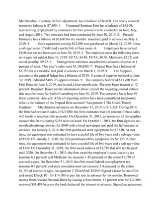 Merchandise Inventory, before adjustment, has a balance of $6,600. The newly counted
inventory balance is $7,100. 1. Unearned Seminar Fees has a balance of $5,100,
representing prepayment by customers for five seminars to be conducted in June, July,
and August 2019. Two seminars had been conducted by June 30, 2019. 2. Prepaid
Insurance has a balance of $6,600 for six months’ insurance paid in advance on May 1,
2019. 3. Store equipment costing $12,890 was purchased on March 31, 2019. It has
a salvage value of $410 and a useful life of four years. 4. Employees have earned
$160 that has not been paid at June 30, 2019. 5. The employer owes the following taxes
on wages not paid at June 30, 2019: SUTA, $4.80; FUTA, $0.96; Medicare, $2.32; and
social security, $9.92. 6. Management estimates uncollectible accounts expense at 1
percent of sales. This year’s sales were $1,100,000. 7. Prepaid Rent has a balance of
$5,250 for six months’ rent paid in advance on March 1, 2019. 8. The Supplies
account in the general ledger has a balance of $310. A count of supplies on hand at June
30, 2019, indicated $105 of supplies remain. 9. The company borrowed $13,700 from
First Bank on June 1, 2019, and issued a four-month note. The note bears interest at 12
percent. Required: Based on the information above, record the adjusting journal entries
that must be made for Sufen Consulting on June 30, 2019. The company has a June 30
fiscal year-end. Analyze: After all adjusting entries have been journalized and posted,
what is the balance of the Prepaid Rent account? Assignment 1 The Green Thumb
Gardener Merchandise inventory on December 31, 2019, is $11,521. During 2019,
the firm had net credit sales of $27,000; the firm estimates that 0.6 percent of these sales
will result in uncollectible accounts. On December 31, 2019, an inventory of the supplies
showed that items costing $235 were on hand. On October 1, 2019, the firm signed a six-
month advertising contract for $960 with a local newspaper and paid the full amount in
advance. On January 2, 2018, the firm purchased store equipment for $7,620. At that
time, the equipment was estimated to have a useful life of five years and a salvage value
of $520. On January 2, 2018, the firm purchased office equipment for $1,120. At that
time, the equipment was estimated to have a useful life of five years and a salvage value
of $120. On December 31, 2019, the firm owed salaries of $1,750 that will not be paid
until 2020. On December 31, 2019, the firm owed the employer’s social security tax
(assume 6.2 percent) and Medicare tax (assume 1.45 percent) on the entire $1,750 of
accrued wages. On December 31, 2019, the firm owed federal unemployment tax
(assume 0.6 percent) and state unemployment tax (assume 5.4 percent) on the entire
$1,750 of accrued wages. Assignment 2 TRANSACTIONS Signed a lease for an office
and issued Check 101 for $14,100 to pay the rent in advance for six months. Borrowed
money from Second National Bank by issuing a four-month, 12 percent note for $32,800;
received $31,488 because the bank deducted the interest in advance. Signed an agreement
 