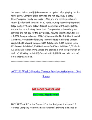 the season tickets and (b) the revenue recognized after playing the first
home game. Compute gross earnings and net pay. BE10-5 Betsy
Strand's regular hourly wage rate is $16, and she receives an hourly
rate of $24 for work in excess of 40 hours. During a January pay period,
Betsy works 47 hours. Betsy's federal income tax withholding is $95,
and she has no voluntary deductions. Compute Betsy Strand's gross
earnings and net pay for the pay period. Assume that the FICA tax rate
is 7.65%. Analyze solvency. BE10-14 Suppose the 2017 Adidas financial
statements contain the following selected data (in millions). Current
assets $4,485 Interest expense $169 Total assets 8,875 Income taxes
113 Current liabilities 2,836 Net income 245 Total liabilities 5,099 Cash
775 Compute the following values and provide a brief interpretation of
each. (a) Working capital. (b) Current ratio. (c) Debt to assets ratio. (d)
Times interest earned.
==============================================
ACC 291 Week 3 Practice Connect Practice Assignment (100%
Score)
FOR MORE CLASSES VISIT
www.acc291guide.com
ACC 291 Week 3 Practice Connect Practice Assignment attempt 1 1
Florence Company received a bank statement showing a balance of
 