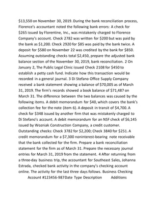 $13,550 on November 30, 2019. During the bank reconciliation process,
Florence’s accountant noted the following bank errors: A check for
$265 issued by Florentine, Inc., was mistakenly charged to Florence
Company’s account. Check 2782 was written for $200 but was paid by
the bank as $1,200. Check 2920 for $85 was paid by the bank twice. A
deposit for $580 on November 22 was credited by the bank for $850.
Assuming outstanding checks total $2,450, prepare the adjusted bank
balance section of the November 30, 2019, bank reconciliation. 2 On
January 2, The Public Legal Clinic issued Check 2108 for $450 to
establish a petty cash fund. Indicate how this transaction would be
recorded in a general journal. 3 Di Stefano Office Supply Company
received a bank statement showing a balance of $70,005 as of March
31, 2019. The firm’s records showed a book balance of $71,487 on
March 31. The difference between the two balances was caused by the
following items. A debit memorandum for $40, which covers the bank’s
collection fee for the note (item 6). A deposit in transit of $4,700. A
check for $348 issued by another firm that was mistakenly charged to
Di Stefano’s account. A debit memorandum for an NSF check of $6,145
issued by Wozniak Construction Company, a credit customer.
Outstanding checks: Check 3782 for $2,200; Check 3840 for $251. A
credit memorandum for a $7,300 noninterest-bearing note receivable
that the bank collected for the firm. Prepare a bank reconciliation
statement for the firm as of March 31. Prepare the necessary journal
entries for March 31, 2019 from the statement. 4 After returning from
a three-day business trip, the accountant for Southeast Sales, Johanna
Estrada, checked bank activity in the company’s checking account
online. The activity for the last three days follows. Business Checking
Account #123456-987Date Type Description Additions
 