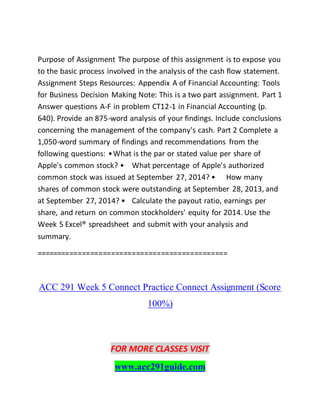 Purpose of Assignment The purpose of this assignment is to expose you
to the basic process involved in the analysis of the cash flow statement.
Assignment Steps Resources: Appendix A of Financial Accounting: Tools
for Business Decision Making Note: This is a two part assignment. Part 1
Answer questions A-F in problem CT12-1 in Financial Accounting (p.
640). Provide an 875-word analysis of your findings. Include conclusions
concerning the management of the company's cash. Part 2 Complete a
1,050-word summary of findings and recommendations from the
following questions: •What is the par or stated value per share of
Apple's common stock? • What percentage of Apple's authorized
common stock was issued at September 27, 2014? • How many
shares of common stock were outstanding at September 28, 2013, and
at September 27, 2014? • Calculate the payout ratio, earnings per
share, and return on common stockholders' equity for 2014. Use the
Week 5 Excel® spreadsheet and submit with your analysis and
summary.
==============================================
ACC 291 Week 5 Connect Practice Connect Assignment (Score
100%)
FOR MORE CLASSES VISIT
www.acc291guide.com
 