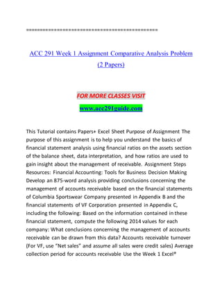 ==============================================
ACC 291 Week 1 Assignment Comparative Analysis Problem
(2 Papers)
FOR MORE CLASSES VISIT
www.acc291guide.com
This Tutorial contains Papers+ Excel Sheet Purpose of Assignment The
purpose of this assignment is to help you understand the basics of
financial statement analysis using financial ratios on the assets section
of the balance sheet, data interpretation, and how ratios are used to
gain insight about the management of receivable. Assignment Steps
Resources: Financial Accounting: Tools for Business Decision Making
Develop an 875-word analysis providing conclusions concerning the
management of accounts receivable based on the financial statements
of Columbia Sportswear Company presented in Appendix B and the
financial statements of VF Corporation presented in Appendix C,
including the following: Based on the information contained in these
financial statement, compute the following 2014 values for each
company: What conclusions concerning the management of accounts
receivable can be drawn from this data? Accounts receivable turnover
(For VF, use “Net sales” and assume all sales were credit sales) Average
collection period for accounts receivable Use the Week 1 Excel®
 