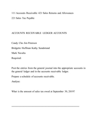 111 Accounts Receivable 421 Sales Returns and Allowances
221 Sales Tax Payable
ACCOUNTS RECEIVABLE LEDGER ACCOUNTS
Candy Cho Jim Peterson
Bridgette Huffman Kathy Sundstrand
Mark Navalta
Required:
Post the entries from the general journal into the appropriate accounts in
the general ledger and in the accounts receivable ledger.
Prepare a schedule of accounts receivable.
Analyze:
What is the amount of sales tax owed at September 30, 2019?
===============================================
 