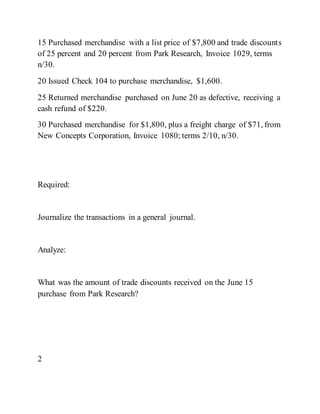 15 Purchased merchandise with a list price of $7,800 and trade discounts
of 25 percent and 20 percent from Park Research, Invoice 1029, terms
n/30.
20 Issued Check 104 to purchase merchandise, $1,600.
25 Returned merchandise purchased on June 20 as defective, receiving a
cash refund of $220.
30 Purchased merchandise for $1,800, plus a freight charge of $71, from
New Concepts Corporation, Invoice 1080; terms 2/10, n/30.
Required:
Journalize the transactions in a general journal.
Analyze:
What was the amount of trade discounts received on the June 15
purchase from Park Research?
2
 