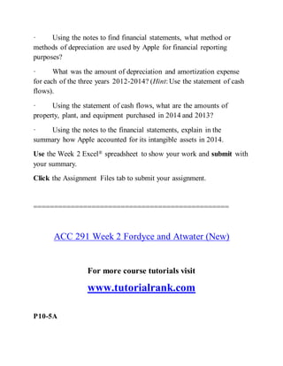 · Using the notes to find financial statements, what method or
methods of depreciation are used by Apple for financial reporting
purposes?
· What was the amount of depreciation and amortization expense
for each of the three years 2012-2014? (Hint:Use the statement of cash
flows).
· Using the statement of cash flows, what are the amounts of
property, plant, and equipment purchased in 2014 and 2013?
· Using the notes to the financial statements, explain in the
summary how Apple accounted for its intangible assets in 2014.
Use the Week 2 Excel® spreadsheet to show your work and submit with
your summary.
Click the Assignment Files tab to submit your assignment.
===============================================
ACC 291 Week 2 Fordyce and Atwater (New)
For more course tutorials visit
www.tutorialrank.com
P10-5A
 