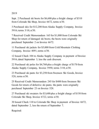 2019
Sept. 2 Purchased ski boots for $6,600 plus a freight charge of $310
from Colorado Ski Shop, Invoice 6672, terms n/30.
3 Purchased skis for $12,200 from Alaska Supply Company, Invoice
5916; terms 3/10, n/30.
7 Received Credit Memorandum 165 for $1,000 from Colorado Ski
Shop for return of damaged ski boots; the boots were originally
purchased September 2 on Invoice 6672.
11 Purchased ski jackets for $5,000 from Cold Mountain Clothing
Company, Invoice 4091, terms n/30.
12 Issued Check 104 to Alaska Supply Company in payment of Invoice
5916, dated September 3, less the cash discount.
22 Purchased ski poles for $4,760 plus a freight charge of $170 from
Alaska Supply Company, Invoice 5950, terms 3/10, n/30.
23 Purchased ski pants for $3,250 from Swenson Ski Goods, Invoice
528, terms n/30.
25 Received Credit Memorandum 245 for $400 from Swenson Ski
Goods for return of defective ski pants; the pants were originally
purchased September 23 on Invoice 528.
27 Purchased ski sweaters for $3,600 plus a freight charge of $150 from
Colorado Ski Shop, Invoice 6722, terms n/30.
30 Issued Check 110 to Colorado Ski Shop in payment of Invoice 6672,
dated September 2, less the return of September 7.
Required:
 