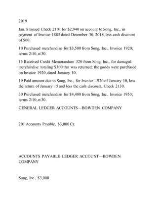 2019
Jan. 8 Issued Check 2101 for $2,940 on account to Song, Inc., in
payment of Invoice 1885 dated December 30, 2018, less cash discount
of $60.
10 Purchased merchandise for $3,500 from Song, Inc., Invoice 1920;
terms 2/10, n/30.
15 Received Credit Memorandum 320 from Song, Inc., for damaged
merchandise totaling $300 that was returned; the goods were purchased
on Invoice 1920, dated January 10.
19 Paid amount due to Song, Inc., for Invoice 1920 of January 10, less
the return of January 15 and less the cash discount, Check 2130.
30 Purchased merchandise for $4,400 from Song, Inc., Invoice 1950;
terms 2/10, n/30.
GENERAL LEDGER ACCOUNTS—BOWDEN COMPANY
201 Accounts Payable, $3,000 Cr.
ACCOUNTS PAYABLE LEDGER ACCOUNT—BOWDEN
COMPANY
Song, Inc., $3,000
 