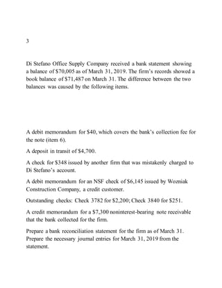 3
Di Stefano Office Supply Company received a bank statement showing
a balance of $70,005 as of March 31, 2019. The firm’s records showed a
book balance of $71,487 on March 31. The difference between the two
balances was caused by the following items.
A debit memorandum for $40, which covers the bank’s collection fee for
the note (item 6).
A deposit in transit of $4,700.
A check for $348 issued by another firm that was mistakenly charged to
Di Stefano’s account.
A debit memorandum for an NSF check of $6,145 issued by Wozniak
Construction Company, a credit customer.
Outstanding checks: Check 3782 for $2,200; Check 3840 for $251.
A credit memorandum for a $7,300 noninterest-bearing note receivable
that the bank collected for the firm.
Prepare a bank reconciliation statement for the firm as of March 31.
Prepare the necessary journal entries for March 31, 2019 from the
statement.
 