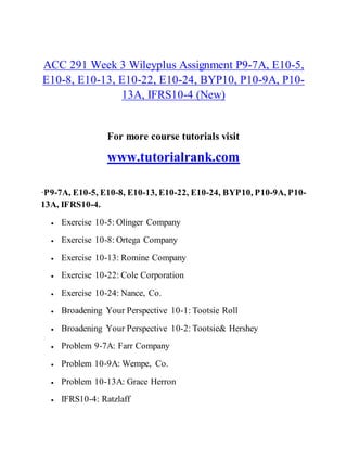 ACC 291 Week 3 Wileyplus Assignment P9-7A, E10-5,
E10-8, E10-13, E10-22, E10-24, BYP10, P10-9A, P10-
13A, IFRS10-4 (New)
For more course tutorials visit
www.tutorialrank.com
·P9-7A, E10-5, E10-8, E10-13, E10-22, E10-24, BYP10, P10-9A, P10-
13A, IFRS10-4.
 Exercise 10-5: Olinger Company
 Exercise 10-8: Ortega Company
 Exercise 10-13: Romine Company
 Exercise 10-22: Cole Corporation
 Exercise 10-24: Nance, Co.
 Broadening Your Perspective 10-1: Tootsie Roll
 Broadening Your Perspective 10-2: Tootsie& Hershey
 Problem 9-7A: Farr Company
 Problem 10-9A: Wempe, Co.
 Problem 10-13A: Grace Herron
 IFRS10-4: Ratzlaff
 