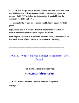 E11-13 Kojak Corporation decided to issue common stock and used
the $300,000 proceeds to redeem all of its outstanding bonds on
January 1, 2017. The following information is available for the
company for 2017 and 2016.
(a) Compute the return on common stockholders' equity for both
years.
(b) Explain how it is possible that net income increased but the
return on common stockholders' equity decreased.
(c) Compute the debt to assets ratio for both years, and comment on
the implications of this change in the company's solvency.
===============================================
ACC 291 Week 4 Practice Connect Assignment (100%
Score)
For more course tutorials visit
www.tutorialrank.com
ACC 291 Week 4 Practice Connect Practice Assignment
attempt 1
1
 