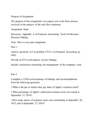Purpose of Assignment
The purpose of this assignment is to expose you to the basic process
involved in the analysis of the cash flow statement.
Assignment Steps
Resources: Appendix A of Financial Accounting: Tools for Business
Decision Making
Note: This is a two part assignment.
Part 1
Answer questions A-F in problem CT12-1 in Financial Accounting (p.
640).
Provide an 875-word analysis of your findings.
Include conclusions concerning the management of the company's cash.
Part 2
Complete a 1,050-word summary of findings and recommendations
from the following questions:
• What is the par or stated value per share of Apple's common stock?
• What percentage of Apple's authorized common stock was issued at
September 27, 2014?
• How many shares of common stock were outstanding at September 28,
2013, and at September 27, 2014?
 