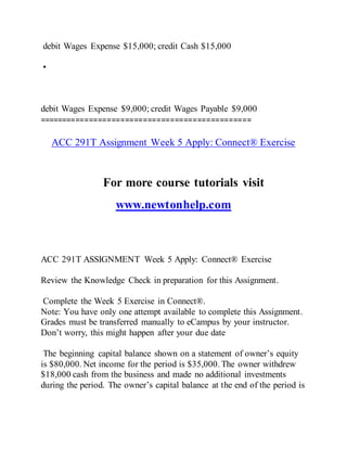 debit Wages Expense $15,000; credit Cash $15,000
•
debit Wages Expense $9,000; credit Wages Payable $9,000
===============================================
ACC 291T Assignment Week 5 Apply: Connect® Exercise
For more course tutorials visit
www.newtonhelp.com
ACC 291T ASSIGNMENT Week 5 Apply: Connect® Exercise
Review the Knowledge Check in preparation for this Assignment.
Complete the Week 5 Exercise in Connect®.
Note: You have only one attempt available to complete this Assignment.
Grades must be transferred manually to eCampus by your instructor.
Don’t worry, this might happen after your due date
The beginning capital balance shown on a statement of owner’s equity
is $80,000. Net income for the period is $35,000. The owner withdrew
$18,000 cash from the business and made no additional investments
during the period. The owner’s capital balance at the end of the period is
 