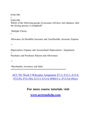 $196,700
•
$188,300
Which of the following groups of accounts will have zero balances after
the closing process is completed?
Multiple Choice
•
Allowance for Doubtful Accounts and Uncollectible Accounts Expense
•
Depreciation Expense and Accumulated Depreciation—Equipment
•
Purchases and Purchases Returns and Allowances
•
Merchandise Inventory and Sales
===============================================
ACC 291 Week 5 Wileyplus Assignment E7-3, E12-1, E12-8,
P12-9A, P12-10A, E13-3, E13-4, IFRS13-1, P13-2A (New)
For more course tutorials visit
www.newtonhelp.com
 