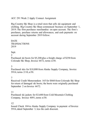 ACC 291 Week 2 Apply Connect Assignment
Big Country Ski Shop is a retail store that sells ski equipment and
clothing. Big Country Ski Shop commenced business on September 1,
2019. The firm purchases merchandise on open account. The firm’s
purchases, purchase returns and allowances, and cash payments on
account during September 2019 follow:
DATE
TRANSACTIONS
2019
Sept.
2
Purchased ski boots for $5,200 plus a freight charge of $250 from
Colorado Ski Shop, Invoice 6672, terms n/30.
3
Purchased skis for $10,800 from Alaska Supply Company, Invoice
5916; terms 2/10, n/30.
7
Received Credit Memorandum 165 for $860 from Colorado Ski Shop
for return of damaged ski boots; the boots were originally purchased
September 2 on Invoice 6672.
11
Purchased ski jackets for $3,600 from Cold Mountain Clothing
Company, Invoice 4091, terms n/30.
12
Issued Check 104 to Alaska Supply Company in payment of Invoice
5916, dated September 3, less the cash discount.
 