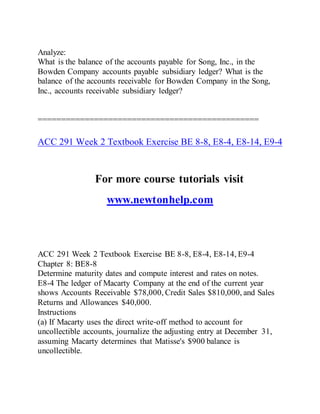 Analyze:
What is the balance of the accounts payable for Song, Inc., in the
Bowden Company accounts payable subsidiary ledger? What is the
balance of the accounts receivable for Bowden Company in the Song,
Inc., accounts receivable subsidiary ledger?
===============================================
ACC 291 Week 2 Textbook Exercise BE 8-8, E8-4, E8-14, E9-4
For more course tutorials visit
www.newtonhelp.com
ACC 291 Week 2 Textbook Exercise BE 8-8, E8-4, E8-14, E9-4
Chapter 8: BE8-8
Determine maturity dates and compute interest and rates on notes.
E8-4 The ledger of Macarty Company at the end of the current year
shows Accounts Receivable $78,000, Credit Sales $810,000, and Sales
Returns and Allowances $40,000.
Instructions
(a) If Macarty uses the direct write‐off method to account for
uncollectible accounts, journalize the adjusting entry at December 31,
assuming Macarty determines that Matisse's $900 balance is
uncollectible.
 
