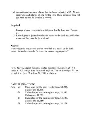 d. A credit memorandum shows that the bank collected a $2,129 note
receivable and interest of $72 for the firm. These amounts have not
yet been entered in the firm’s records.
Required:
1. Prepare a bank reconciliation statement for the firm as of August
31.
2. Record general journal entries for items on the bank reconciliation
statement that must be journalized.
Analyze:
What effect did the journal entries recorded as a result of the bank
reconciliation have on the fundamental accounting equation?
Royal Jewels, a retail business, started business on June 25, 2019. It
keeps a $300 change fund in its cash register. The cash receipts for the
period from June 25 to June 30, 2019 are below.
DATE TRANSACTIONS
June 25 Cash sales per the cash register tape, $1,226.
Cash count, $1,518.
26 Cash sales per the cash register tape, $1,336.
Cash count, $1,629.
27 Cash sales per the cash register tape, $1,347.
Cash count, $1,650.
28 Cash sales per the cash register tape, $1,278.
 