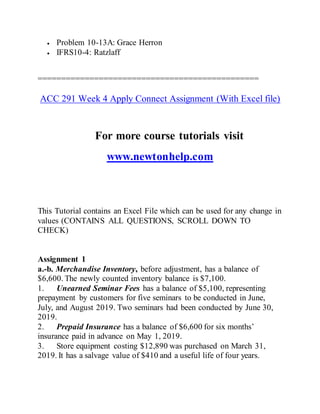  Problem 10-13A: Grace Herron
 IFRS10-4: Ratzlaff
===============================================
ACC 291 Week 4 Apply Connect Assignment (With Excel file)
For more course tutorials visit
www.newtonhelp.com
This Tutorial contains an Excel File which can be used for any change in
values (CONTAINS ALL QUESTIONS, SCROLL DOWN TO
CHECK)
Assignment 1
a.-b. Merchandise Inventory, before adjustment, has a balance of
$6,600. The newly counted inventory balance is $7,100.
1. Unearned Seminar Fees has a balance of $5,100, representing
prepayment by customers for five seminars to be conducted in June,
July, and August 2019. Two seminars had been conducted by June 30,
2019.
2. Prepaid Insurance has a balance of $6,600 for six months’
insurance paid in advance on May 1, 2019.
3. Store equipment costing $12,890 was purchased on March 31,
2019. It has a salvage value of $410 and a useful life of four years.
 