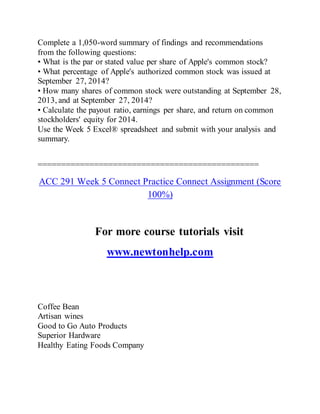 Complete a 1,050-word summary of findings and recommendations
from the following questions:
• What is the par or stated value per share of Apple's common stock?
• What percentage of Apple's authorized common stock was issued at
September 27, 2014?
• How many shares of common stock were outstanding at September 28,
2013, and at September 27, 2014?
• Calculate the payout ratio, earnings per share, and return on common
stockholders' equity for 2014.
Use the Week 5 Excel® spreadsheet and submit with your analysis and
summary.
===============================================
ACC 291 Week 5 Connect Practice Connect Assignment (Score
100%)
For more course tutorials visit
www.newtonhelp.com
Coffee Bean
Artisan wines
Good to Go Auto Products
Superior Hardware
Healthy Eating Foods Company
 