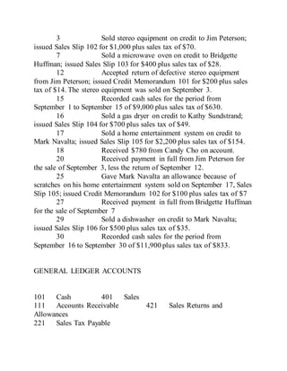 3 Sold stereo equipment on credit to Jim Peterson;
issued Sales Slip 102 for $1,000 plus sales tax of $70.
7 Sold a microwave oven on credit to Bridgette
Huffman; issued Sales Slip 103 for $400 plus sales tax of $28.
12 Accepted return of defective stereo equipment
from Jim Peterson; issued Credit Memorandum 101 for $200 plus sales
tax of $14. The stereo equipment was sold on September 3.
15 Recorded cash sales for the period from
September 1 to September 15 of $9,000 plus sales tax of $630.
16 Sold a gas dryer on credit to Kathy Sundstrand;
issued Sales Slip 104 for $700 plus sales tax of $49.
17 Sold a home entertainment system on credit to
Mark Navalta; issued Sales Slip 105 for $2,200 plus sales tax of $154.
18 Received $780 from Candy Cho on account.
20 Received payment in full from Jim Peterson for
the sale of September 3, less the return of September 12.
25 Gave Mark Navalta an allowance because of
scratches on his home entertainment system sold on September 17, Sales
Slip 105; issued Credit Memorandum 102 for $100 plus sales tax of $7
27 Received payment in full from Bridgette Huffman
for the sale of September 7
29 Sold a dishwasher on credit to Mark Navalta;
issued Sales Slip 106 for $500 plus sales tax of $35.
30 Recorded cash sales for the period from
September 16 to September 30 of $11,900 plus sales tax of $833.
GENERAL LEDGER ACCOUNTS
101 Cash 401 Sales
111 Accounts Receivable 421 Sales Returns and
Allowances
221 Sales Tax Payable
 