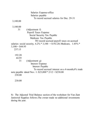 Salaries Expense-office
Salaries payable
To record accrued salaries for Dec. 29-31
3,100.00
3,100.00
31 (Adjustment f)
Payroll Taxes Expense
Social Security Tax Payable
Medicare Tax Payable
TO record accrued payroll taxes on accrued
salaries: social security, 6.2% * 3,100 = $192.20; Medicare, 1.45% *
3,100 = $44.95
237.15
192.20
44.95
31 (Adjustment g)
Interest Expense
Interest Payable
To record accrued interest on a 4-month,6% trade
note payable dated Nov. 1: $23,000 * 2/12 = $230.00
230.00
230.00
8) The Adjusted Trial Balance section of the worksheet for Van Zant
Janitorial Supplies follows.The owner made no additional investments
during the year.
 