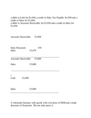 a debit to Cash for $1,696, a credit to Sales Tax Payable for $96 and a
credit to Sales for $1,600.
a debit to Accounts Receivable for $1,696 and a credit to Sales for
$1,696.
Accounts Receivable 53,000
Sales Discounts 530
Sales 52,470
________________________________________
Accounts Receivable 53,000
Sales 53,000
________________________________________
•
Cash 53,000
Sales 53,000
________________________________________
A wholesale business sells goods with a list price of $800 and a trade
discount of 36 percent. The net sales price is
 