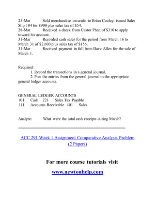25-Mar Sold merchandise on credit to Brian Cooley; issued Sales
Slip 104 for $900 plus sales tax of $54.
28-Mar Received a check from Castor Phan of $310 to apply
toward his account.
31-Mar Recorded cash sales for the period from March 16 to
March 31 of $2,600 plus sales tax of $156.
31-Mar Received payment in full from Dave Allen for the sale of
March 1.
Required:
1. Record the transactions in a general journal.
2. Post the entries from the general journal to the appropriate
general ledger accounts.
GENERAL LEDGER ACCOUNTS
101 Cash 221 Sales Tax Payable
111 Accounts Receivable 401 Sales
Analyze: What were the total cash receipts during March?
===============================================
ACC 291 Week 1 Assignment Comparative Analysis Problem
(2 Papers)
For more course tutorials visit
www.newtonhelp.com
 