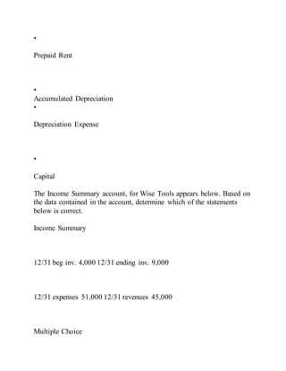 •
Prepaid Rent
•
Accumulated Depreciation
•
Depreciation Expense
•
Capital
The Income Summary account, for Wise Tools appears below. Based on
the data contained in the account, determine which of the statements
below is correct.
Income Summary
12/31 beg inv. 4,000 12/31 ending inv. 9,000
12/31 expenses 51,000 12/31 revenues 45,000
Multiple Choice
 