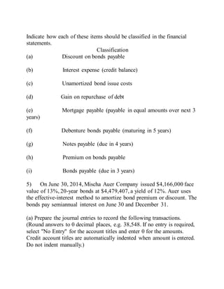 Indicate how each of these items should be classified in the financial
statements.
Classification
(a) Discount on bonds payable
(b) Interest expense (credit balance)
(c) Unamortized bond issue costs
(d) Gain on repurchase of debt
(e) Mortgage payable (payable in equal amounts over next 3
years)
(f) Debenture bonds payable (maturing in 5 years)
(g) Notes payable (due in 4 years)
(h) Premium on bonds payable
(i) Bonds payable (due in 3 years)
5) On June 30, 2014, Mischa Auer Company issued $4,166,000 face
value of 13%, 20-year bonds at $4,479,407, a yield of 12%. Auer uses
the effective-interest method to amortize bond premium or discount. The
bonds pay semiannual interest on June 30 and December 31.
(a) Prepare the journal entries to record the following transactions.
(Round answers to 0 decimal places, e.g. 38,548. If no entry is required,
select "No Entry" for the account titles and enter 0 for the amounts.
Credit account titles are automatically indented when amount is entered.
Do not indent manually.)
 
