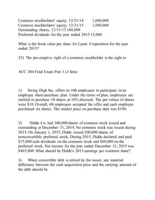 Common stockholders' equity, 12/31/14 1,600,000
Common stockholders' equity, 12/31/15 1,980,000
Outstanding shares, 12/31/15 180,000
Preferred dividends for the year ended 2015 15,000
What is the book value per share for Layne Corporation for the year
ended 2015?
25) The pre-emptive right of a common stockholder is the right to
ACC 304 Final Exam Part 1 (3 Sets)
1) Swing High Inc. offers its 100 employees to participate in an
employee share-purchase plan. Under the terms of plan, employees are
entitled to purchase 10 shares at 10% discount. The par values of shares
were $10. Overall, 60 employees accepted the offer and each employee
purchased six shares. The market price on purchase date was $100.
2) Didde Co. had 300,000 shares of common stock issued and
outstanding at December 31, 2014. No common stock was issued during
2015. On January 1, 2015, Didde issued 200,000 shares of
nonconvertible preferred stock. During 2015, Didde declared and paid
$75,000 cash dividends on the common stock and $60,000 on the
preferred stock. Net income for the year ended December 31, 2015 was
$465,000. What should be Didde's 2015 earnings per common share?
3) When convertible debt is retired by the issuer, any material
difference between the cash acquisition price and the carrying amount of
the debt should be
 