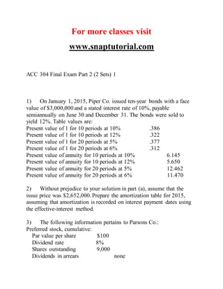 For more classes visit
www.snaptutorial.com
ACC 304 Final Exam Part 2 (2 Sets) 1
1) On January 1, 2015, Piper Co. issued ten-year bonds with a face
value of $3,000,000 and a stated interest rate of 10%, payable
semiannually on June 30 and December 31. The bonds were sold to
yield 12%. Table values are:
Present value of 1 for 10 periods at 10% .386
Present value of 1 for 10 periods at 12% .322
Present value of 1 for 20 periods at 5% .377
Present value of 1 for 20 periods at 6% .312
Present value of annuity for 10 periods at 10% 6.145
Present value of annuity for 10 periods at 12% 5.650
Present value of annuity for 20 periods at 5% 12.462
Present value of annuity for 20 periods at 6% 11.470
2) Without prejudice to your solution in part (a), assume that the
issue price was $2,652,000.Prepare the amortization table for 2015,
assuming that amortization is recorded on interest payment dates using
the effective-interest method.
3) The following information pertains to Parsons Co.:
Preferred stock, cumulative:
Par value per share $100
Dividend rate 8%
Shares outstanding 9,000
Dividends in arrears none
 