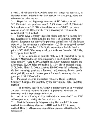 $8,000.Bell will group the CDs into three price categories for resale, as
indicated bellow. Determine the cost per CD for each group, using the
relative sales value method.
3) Boyne Inc. had beginning inventory of $12,000 at cost and
$20,000 t retail. Net purchase were $12,000 at cost and $17,000 at retail.
Net markups were $10,000;net markdowns were $7,000; and sales
revenue was $147,000.compute ending inventory at cost using the
conventional retail method.
4) Marvin Gaye Company has been having difficulty obtaining key
raw materials for its manufacturing process. The Company therefore
signed a long-term non cancelable purchase commitment with its largest
supplier of this raw material on November 30, 2014,at an agreed price of
$400,0000.At December 31, 2014, the raw material had declined in
price to $365,000. What entry would you make on December 31, 2014,
to recognize these facts?
5) Tim Legler requires an estimate of the cost of goods loat by fire on
March 9. Merchandise on hand on January 1 was $38,000. Purchases
since January 1 were $72,000; freight-in $3,400; purchases returns and
allowances, $2,400. Sales are made at 33 1/3% above cost and totaled
$100,000 to March 9. Goods coasting $10,900 were left undamaged by
the fire; remaining goods were destroyed. (a). compute the cost goods
destroyed. (b). compute the cost goods destroyed, assuming that the
gross profit 33 1/3% of sales.
6) Presented below is information related to Ricky Henderson
Company. Compute the inventory by the conventional retail inventory
method.
7) The inventory section of Maddox’s balance sheet as of November
30,2014, including required foot notes, is presented below are the
inventory section supporting calculations.
8) All of the following are key similarities between GAAP and IFRS
with respect to accounting for inventories except:
9) Starfish Company (a Company using Gap and LIFO inventory
method) is considering changing to IFRS and the FIFO inventory
method. How would a comparison of these methods affect Starfish’s
financials?
 